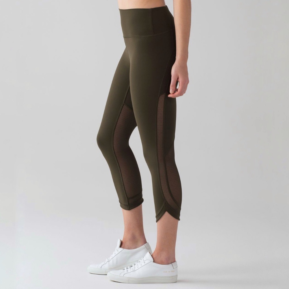 Lululemon dark olive green sheer mesh panels area revitalize crop legging